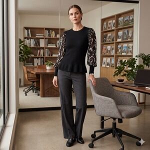 DKNY Black Ribbed Knit Top‎ Sheer Abstract Print Puff Sleeve Peplum Hem XL